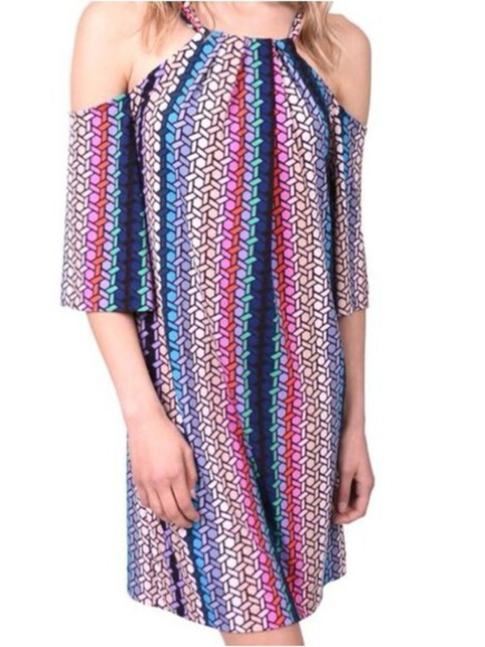(M) Trina Turk Cold-Shoulder Geometric Print Shift Dress, Sz M